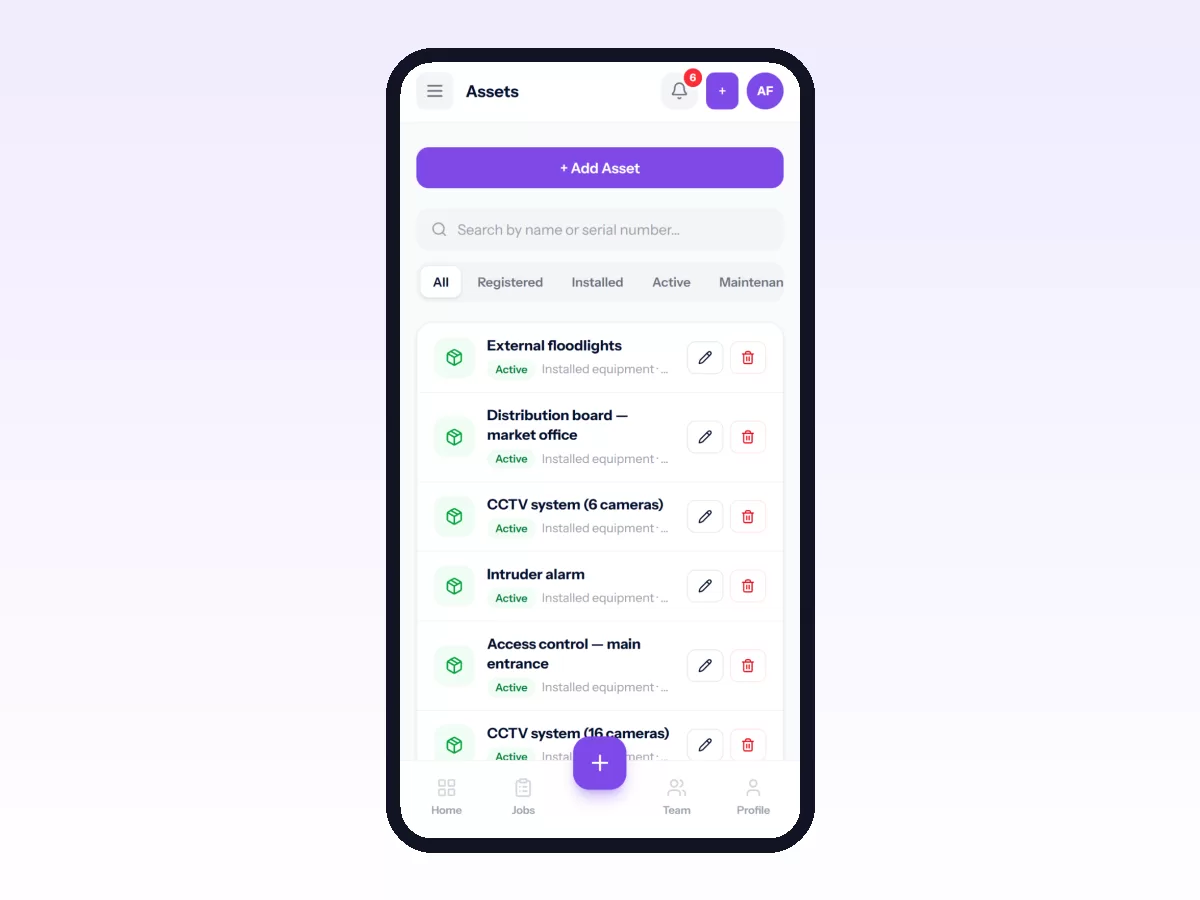 Movtro Assets list on a phone with every installed item searchable by name or serial number and filtered by status.