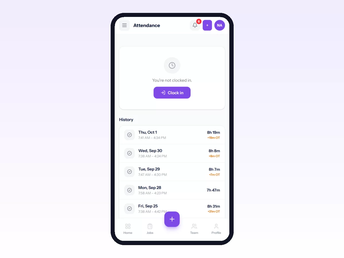 The attendance screen on a phone: a one-tap clock-in, then each day's start and finish time, hours worked and overtime.