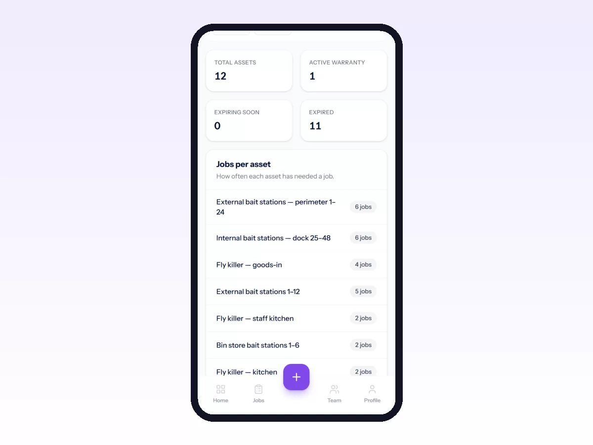 Movtro Assets report on a phone with warranty status and how many jobs each asset has needed.