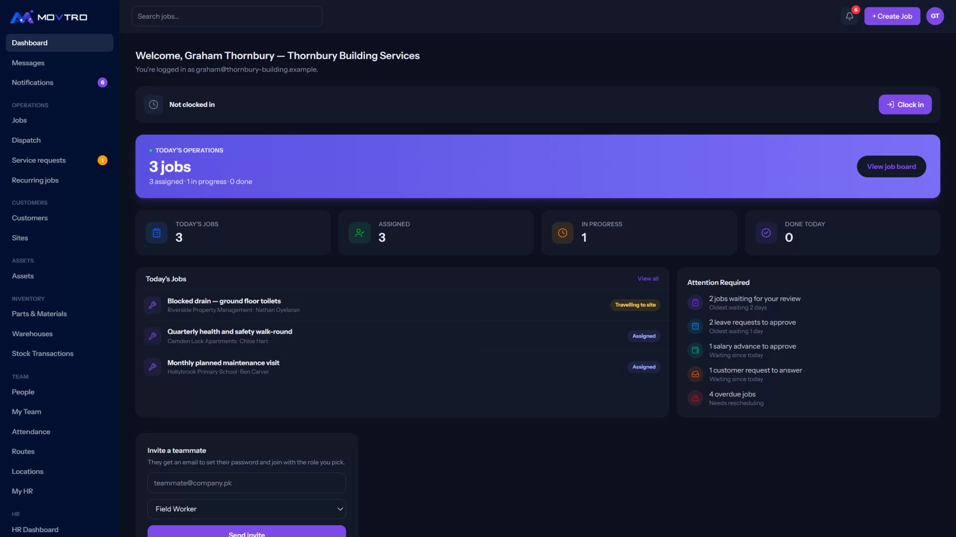 A facilities company's dashboard in Movtro: today's jobs across the buildings it looks after, each in its own stage, and what needs attention.