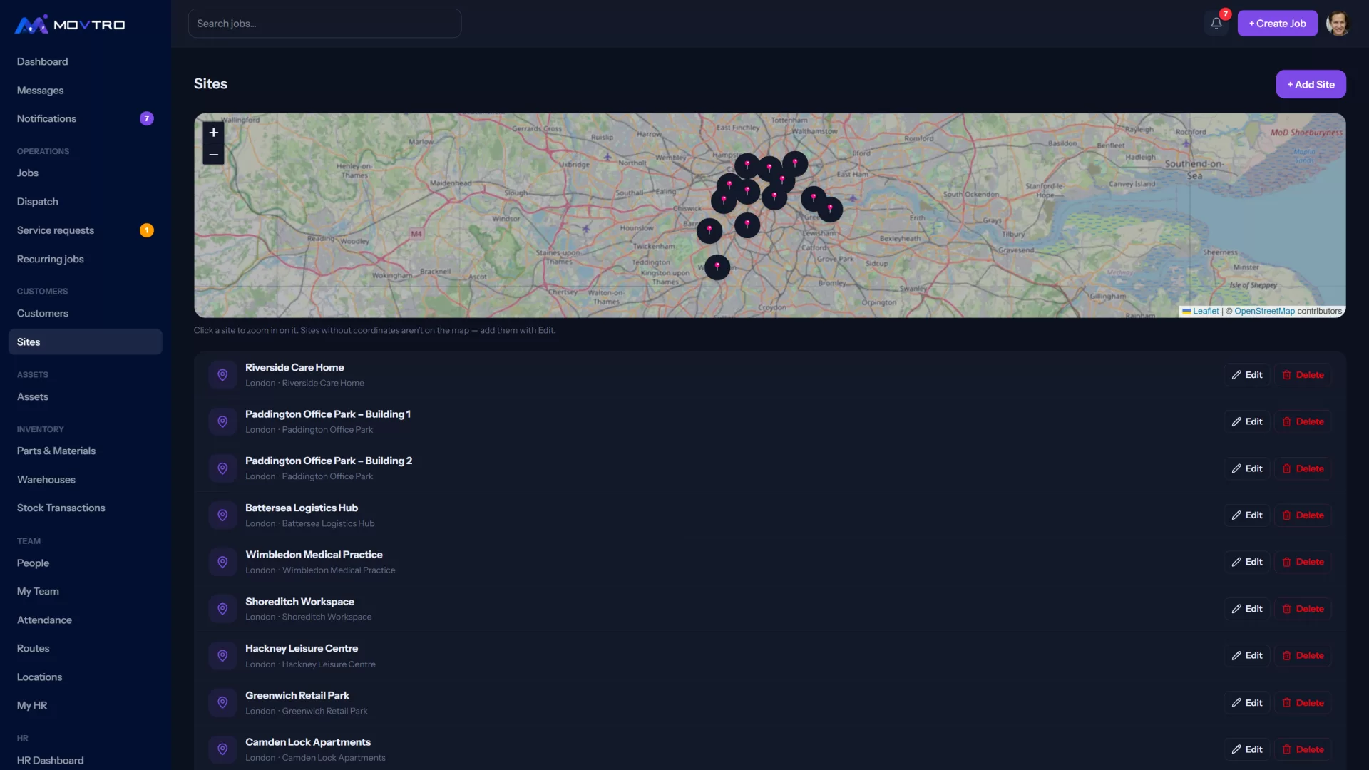 Sites on the map: every site with coordinates is pinned, and the list below links each one to its customer.