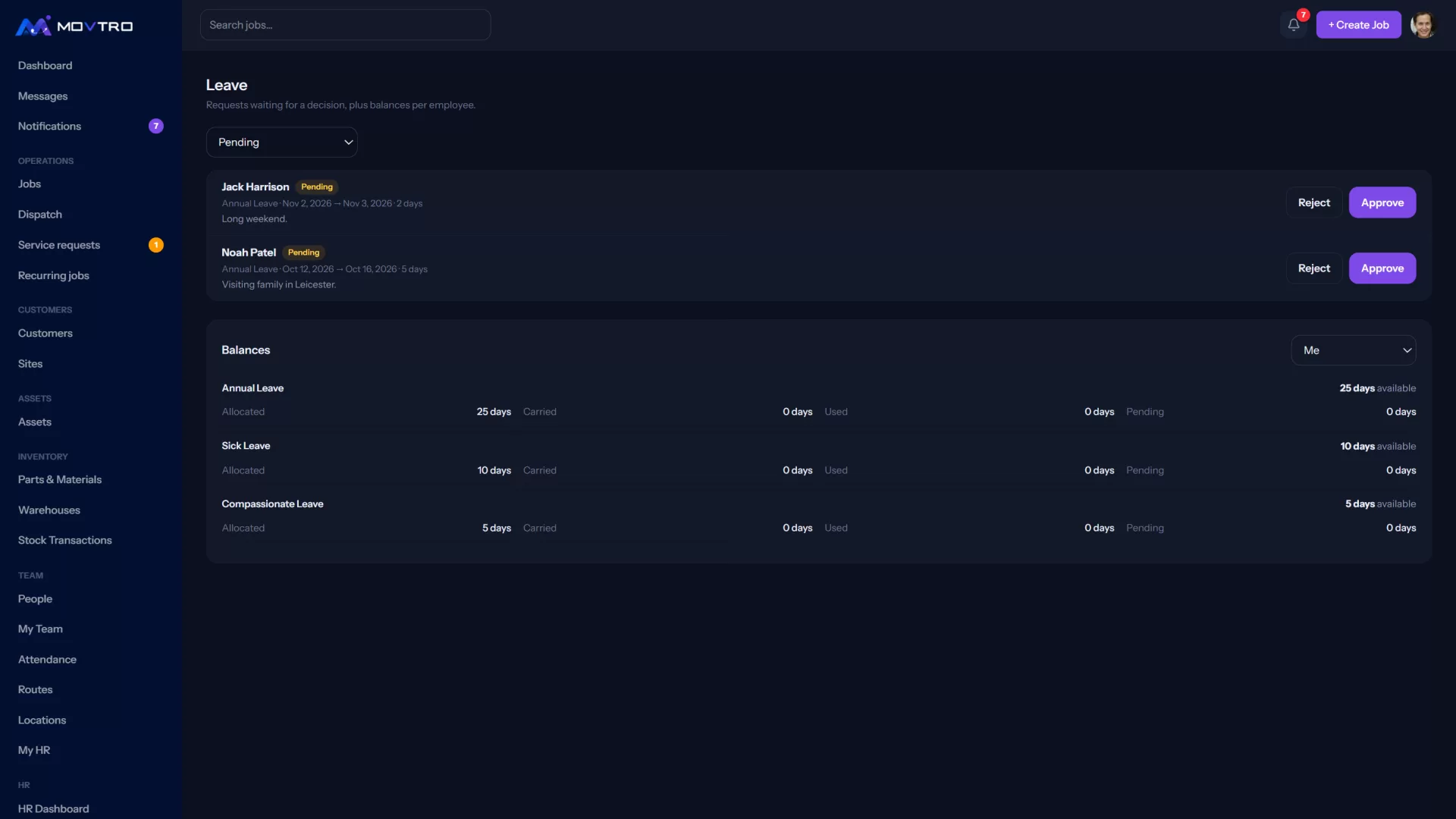 HR → Leave: pending requests with Approve and Reject, and balances per leave type.