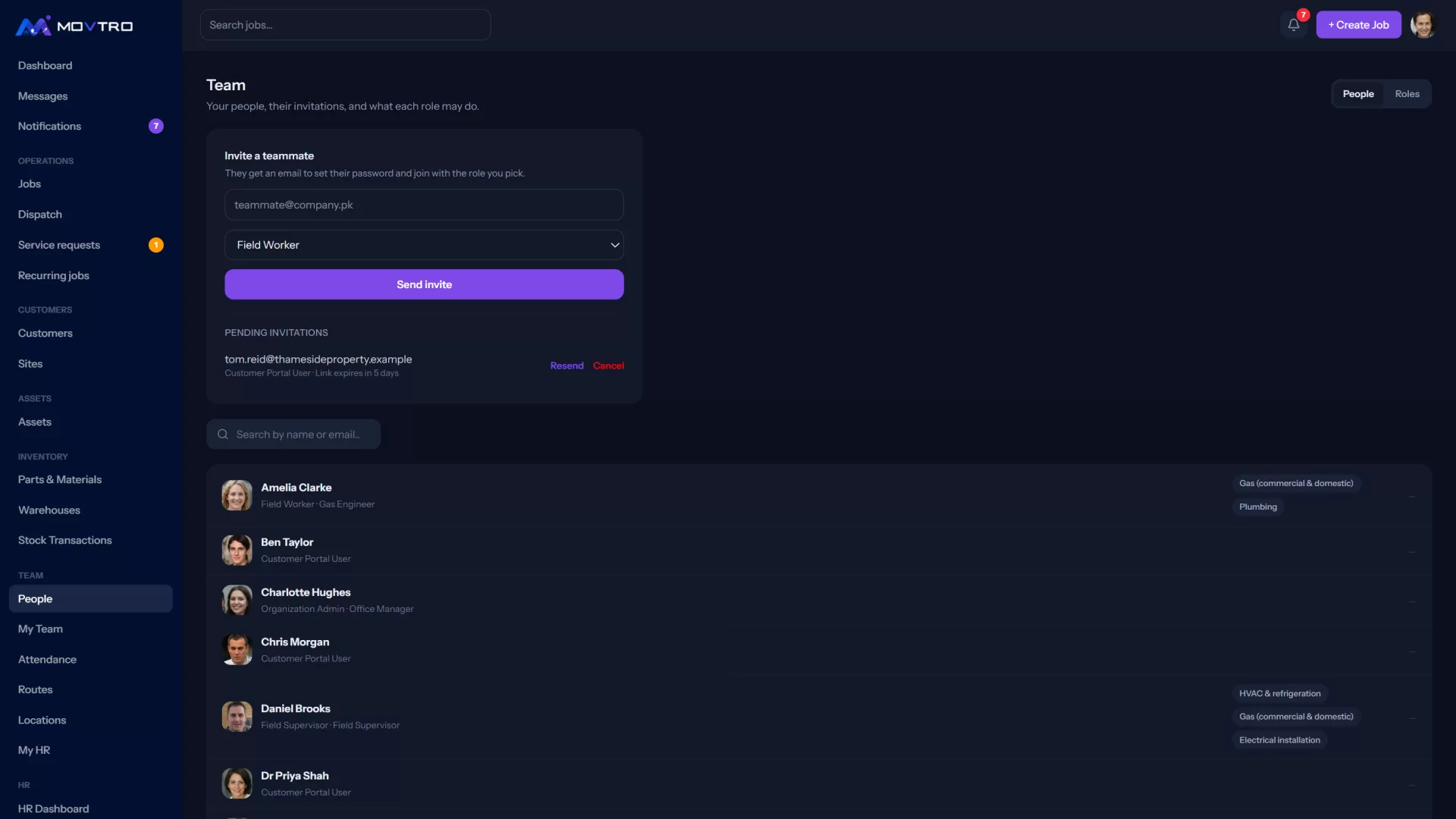Team → People: invite someone by email with a role, see invitations still waiting, and everyone already on the team.