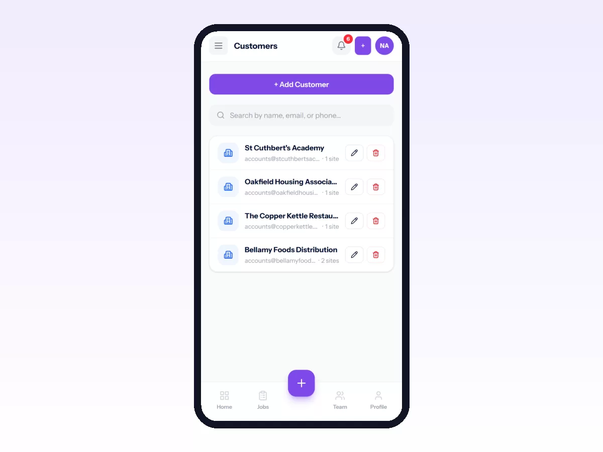 Movtro Customers list on a phone for a small pest control company, with each customer's billing email and number of sites.