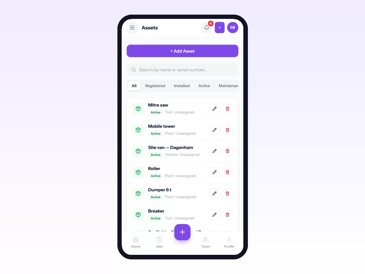 Movtro Assets list on a phone for a builder's tools, plant and site vans, each with its type and status.