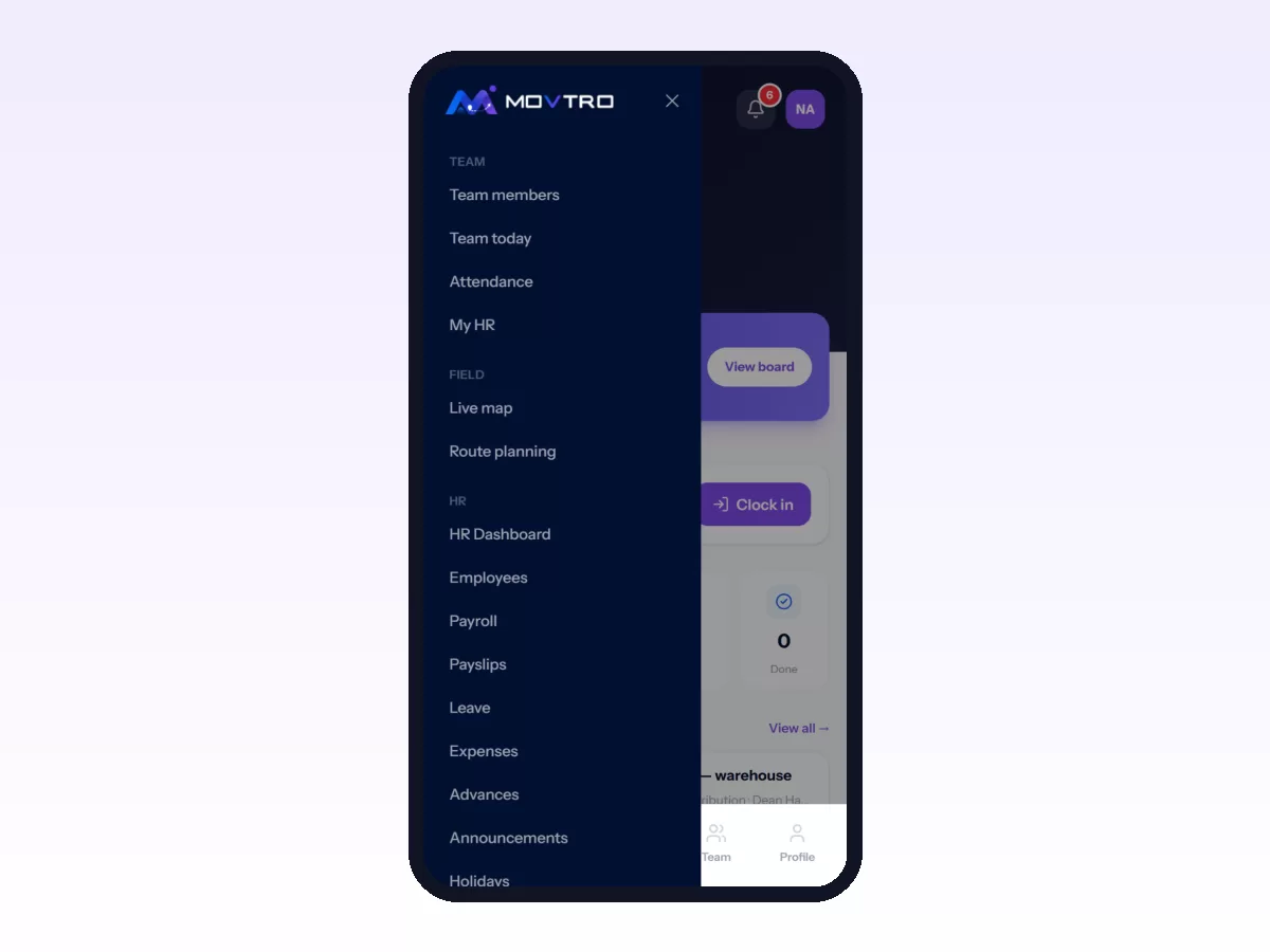 Movtro menu on a phone showing the workforce side next to the jobs side: team, attendance, live map, route planning and HR.