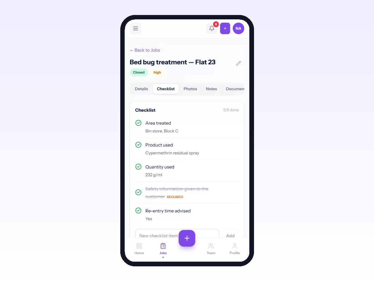 Movtro job checklist on a phone with every item answered, including area treated, product, quantity and a required safety step.