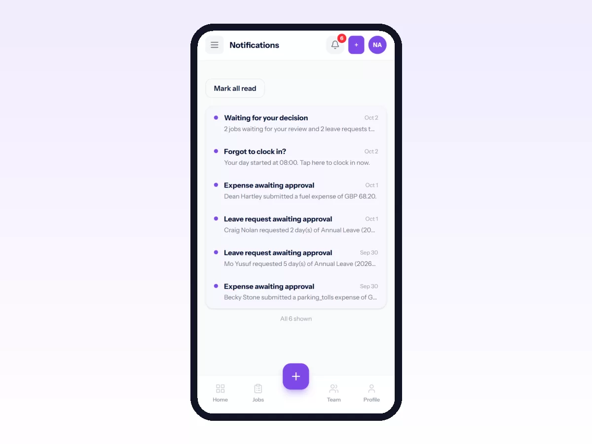 Movtro Notifications on a phone with automatic reminders: approvals waiting, a missed clock-in, and expense and leave requests to decide.