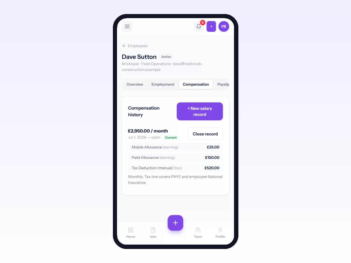 Movtro employee Compensation tab on a phone with a bricklayer's monthly pay, field and mobile allowances and the tax deduction.