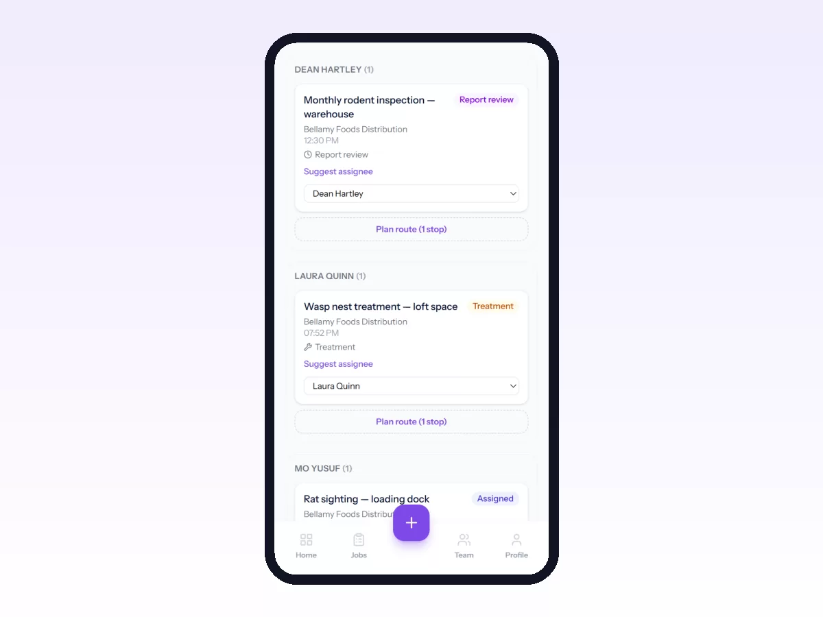 Movtro Dispatch on a phone during the day, showing each person's job with its live status: in review, under way or still assigned.