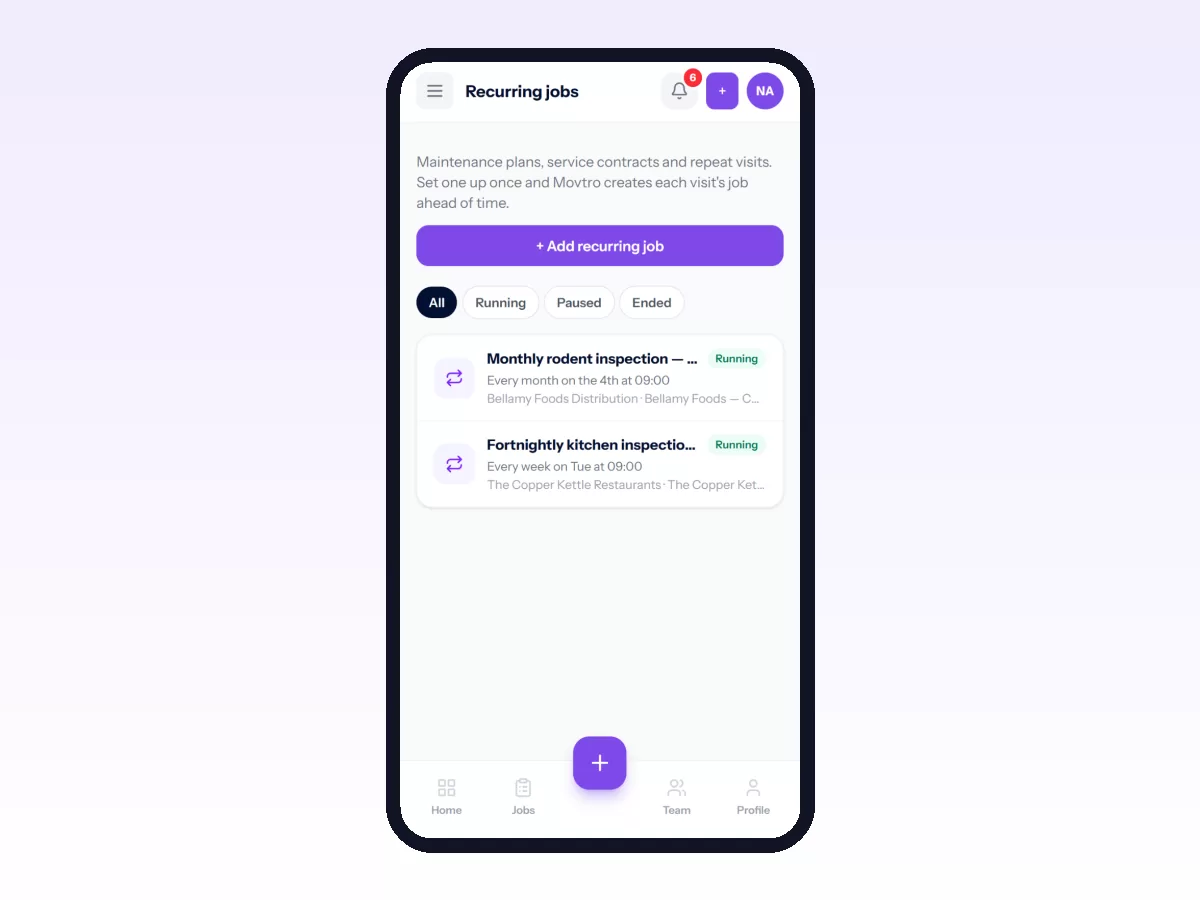 Movtro Recurring jobs on a phone with running pest control contracts, each with its visit frequency, customer and site.