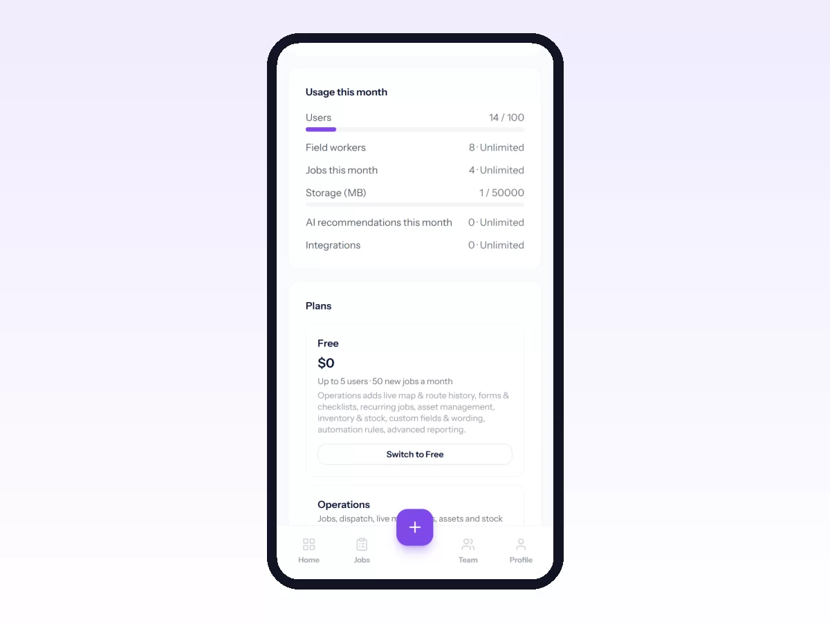 Movtro Billing page on a phone showing this month's usage of users, field workers, jobs and storage above the plan list.