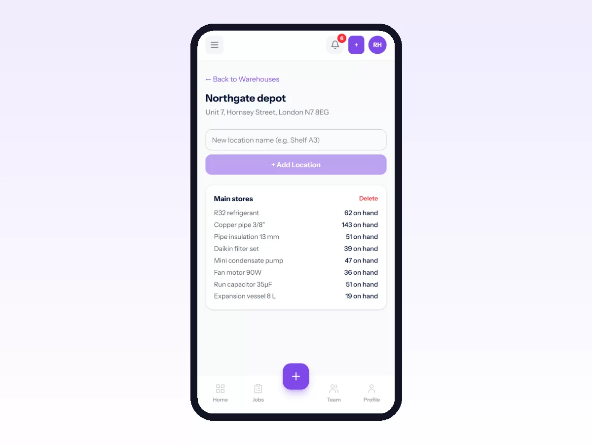 Movtro stock location on a phone for an HVAC depot, listing refrigerant, copper pipe, filters, pumps and capacitors on hand.