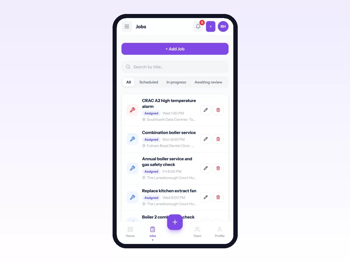 Movtro Jobs list on a phone for an HVAC company, with an urgent CRAC temperature alarm flagged above boiler services and repairs.