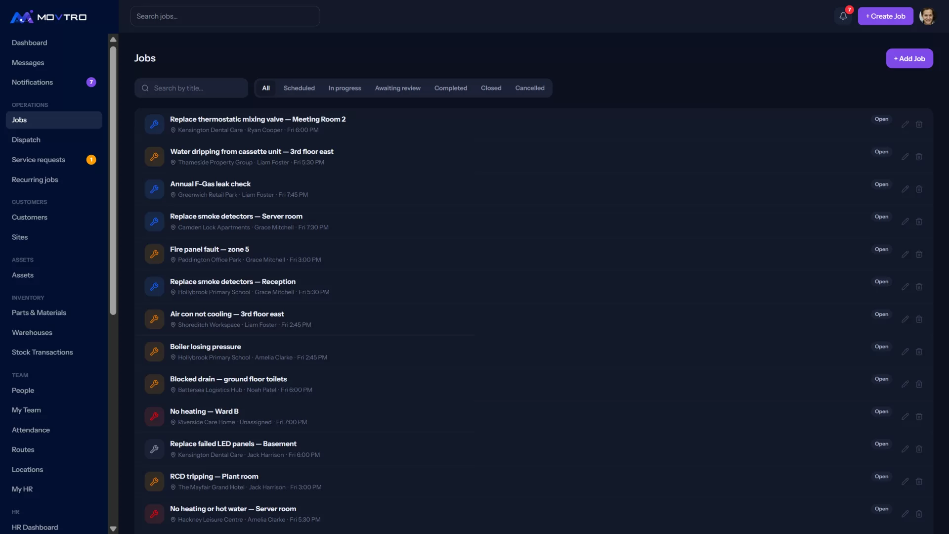 The Jobs list: every job with its customer, technician, due time and status, filtered by tab.