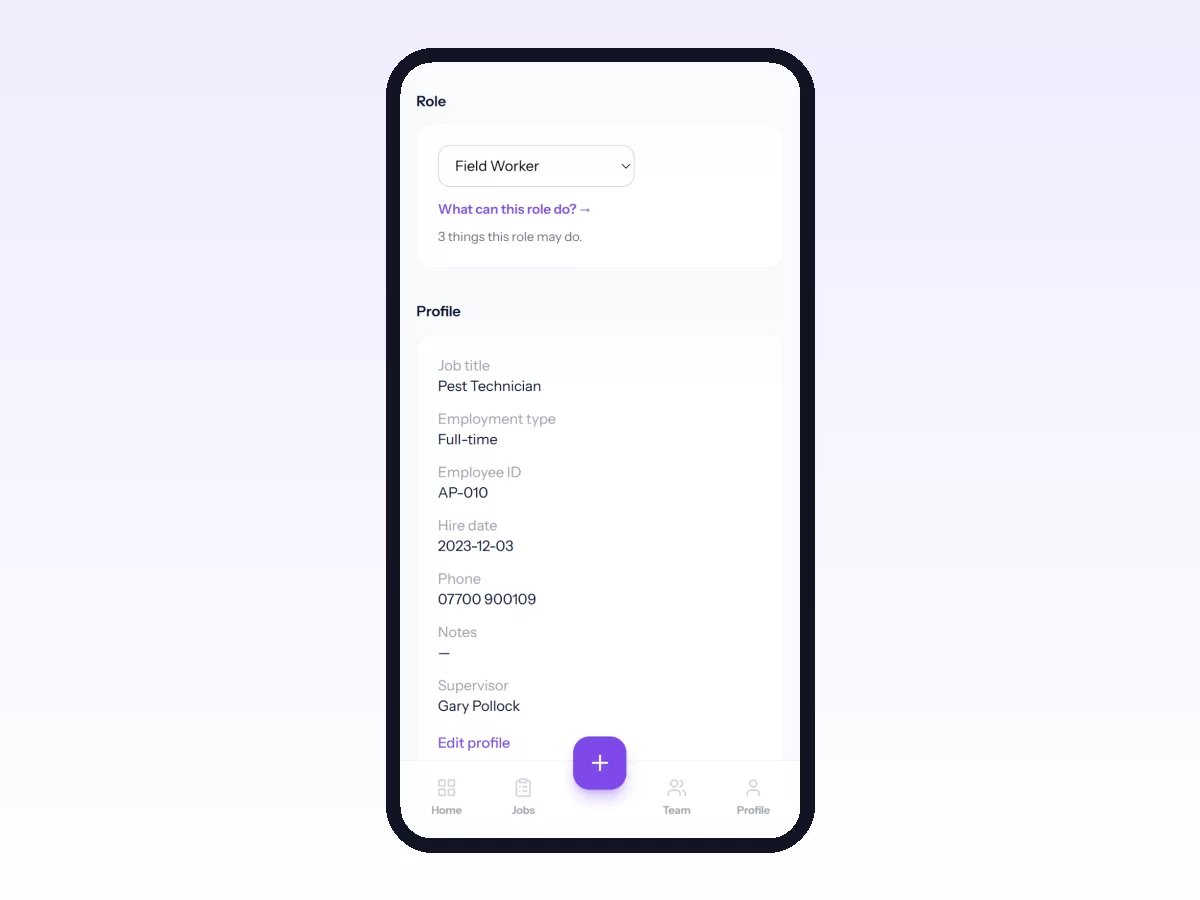 Movtro team member page on a phone with the technician's role, job title, employment type and supervisor.