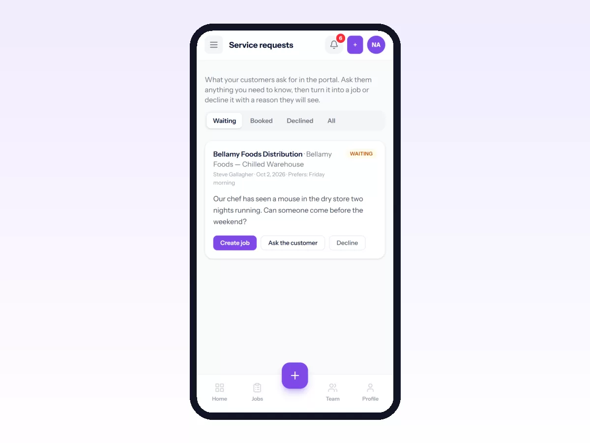 Movtro Service requests on a phone with a customer's portal request waiting to be turned into a job, questioned or declined.