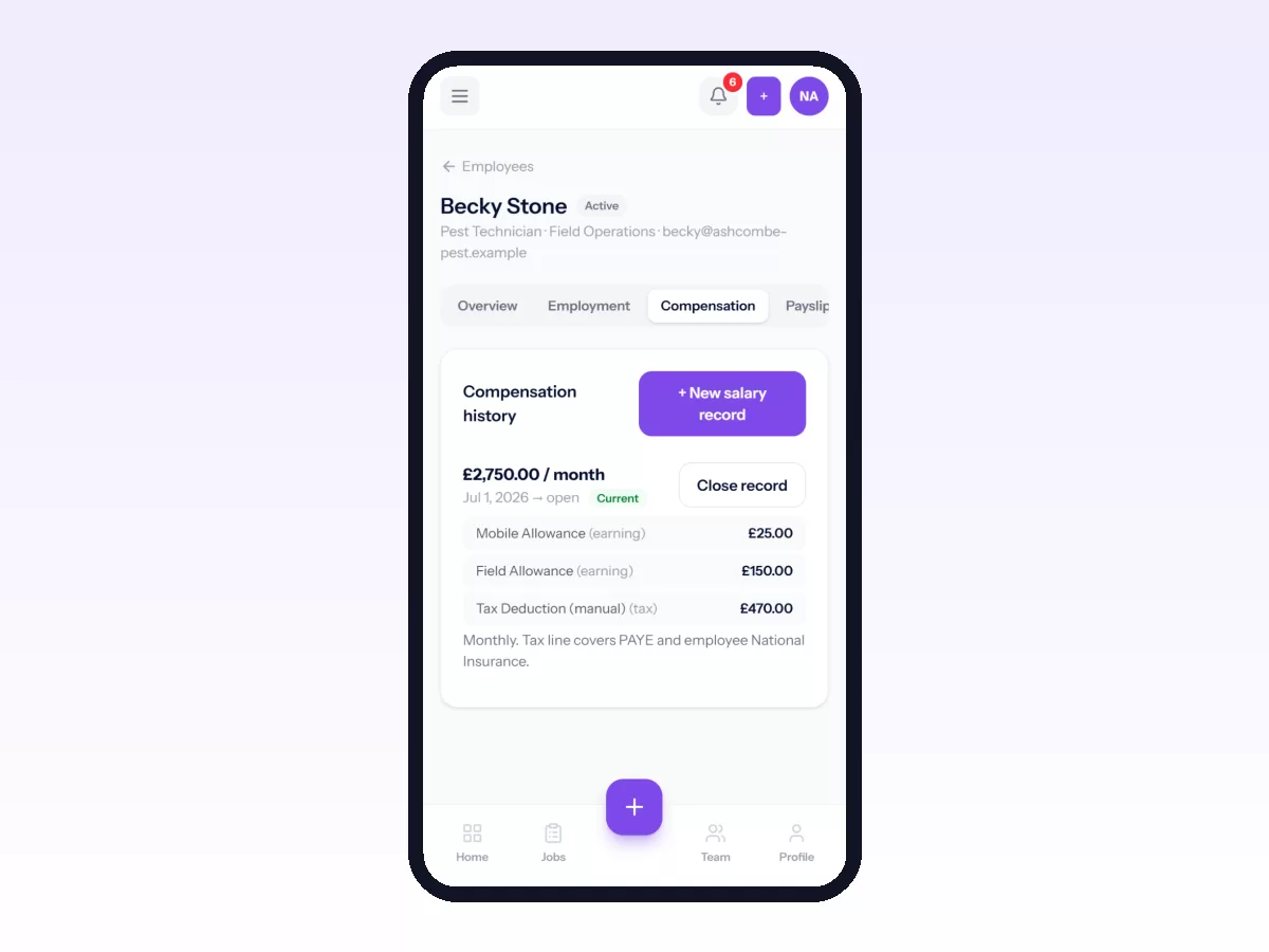 Movtro employee Compensation tab on a phone with a field technician's monthly salary, allowances and tax deduction.