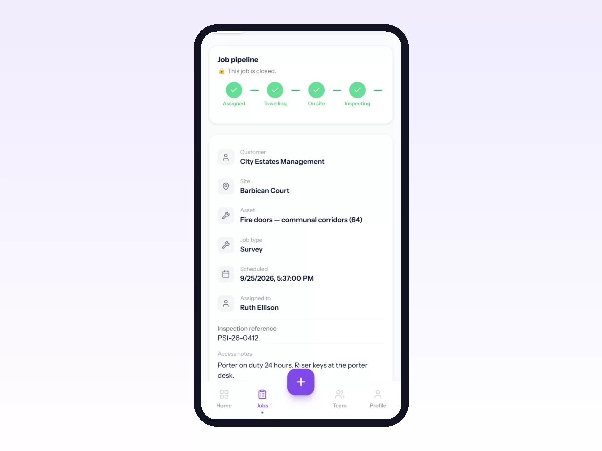 Movtro survey visit on a phone with the client, property, surveyor, inspection reference and access notes, completed through each stage.