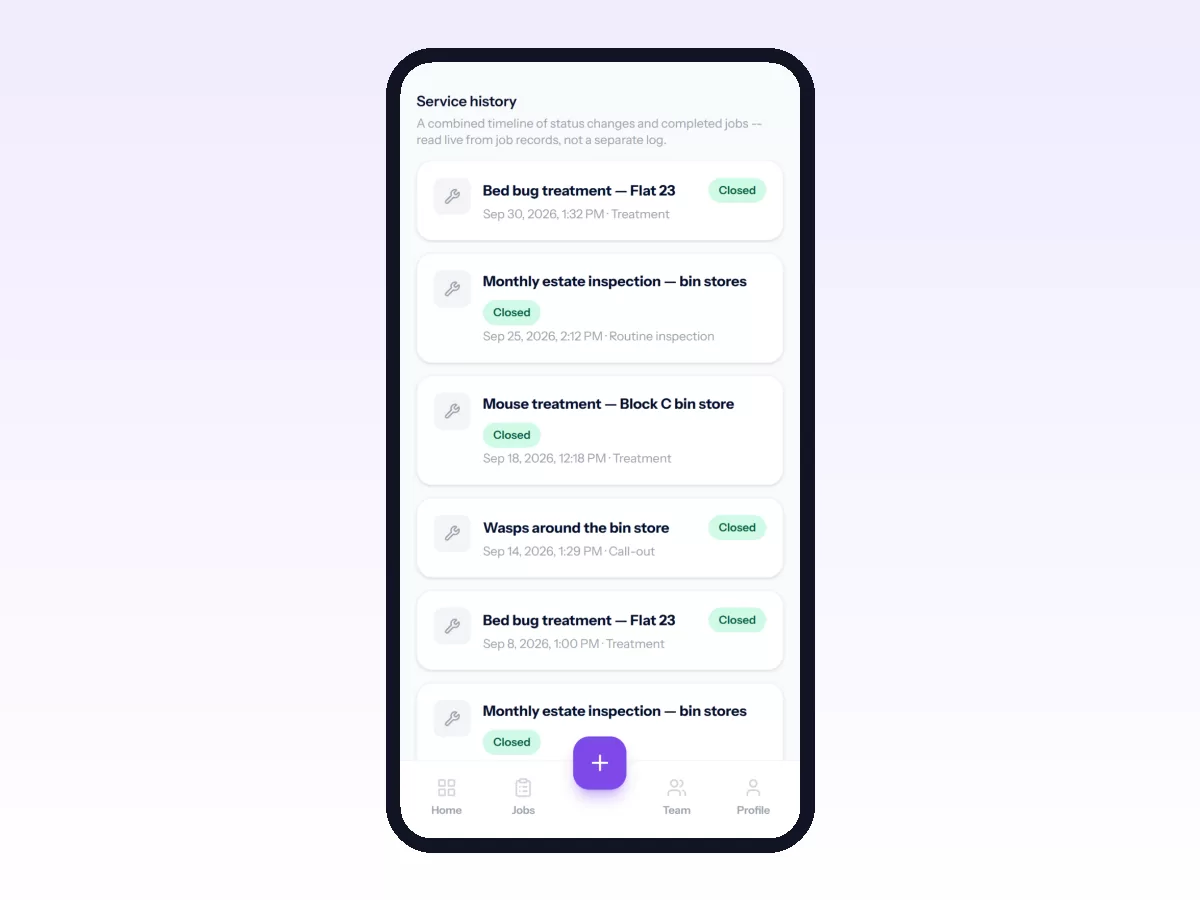 Movtro asset service history on a phone listing every treatment and inspection done on the same bait stations.