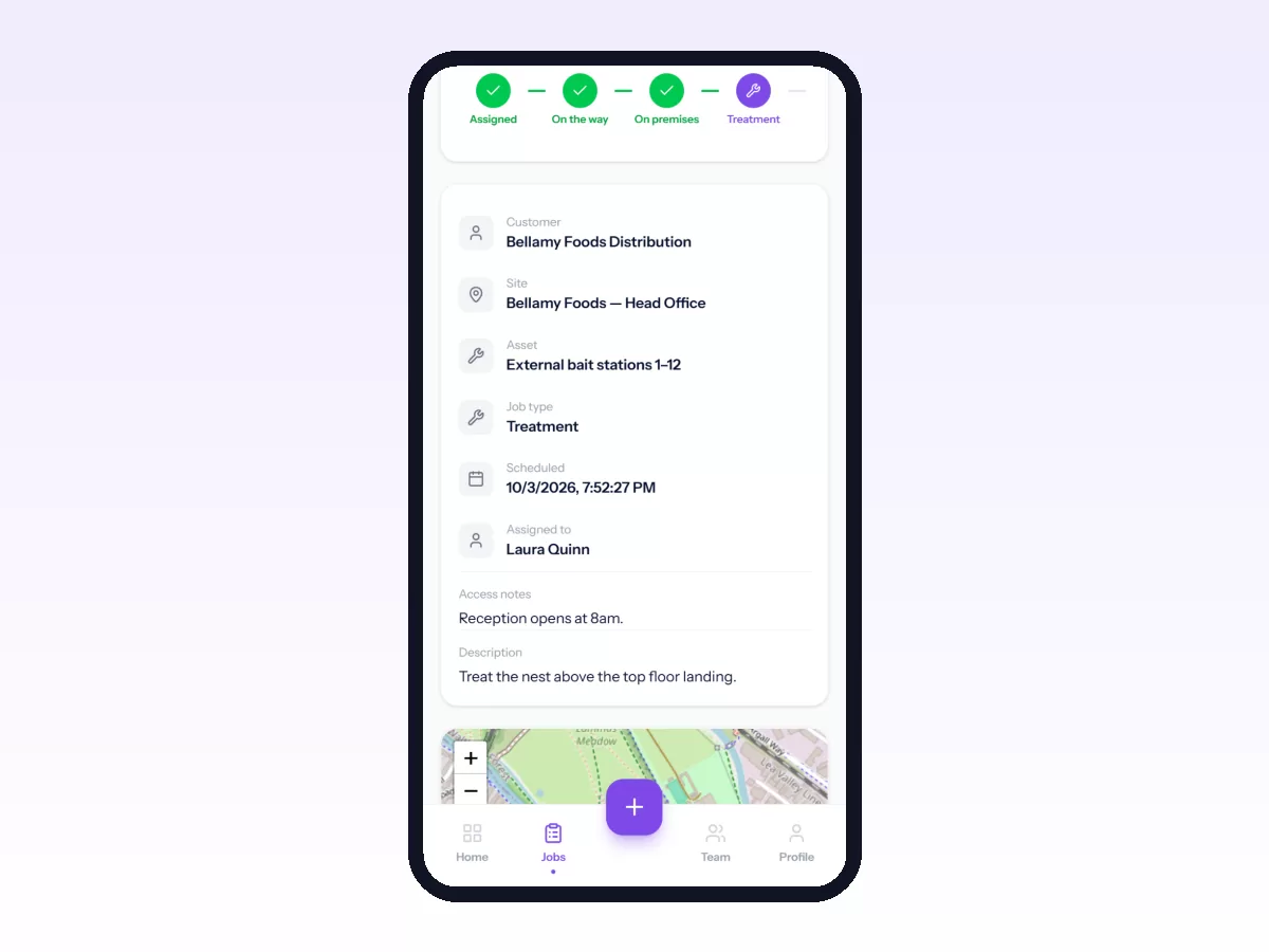 Movtro job details on a phone listing the customer, site, asset, scheduled time, assignee and access notes before the technician sets off.