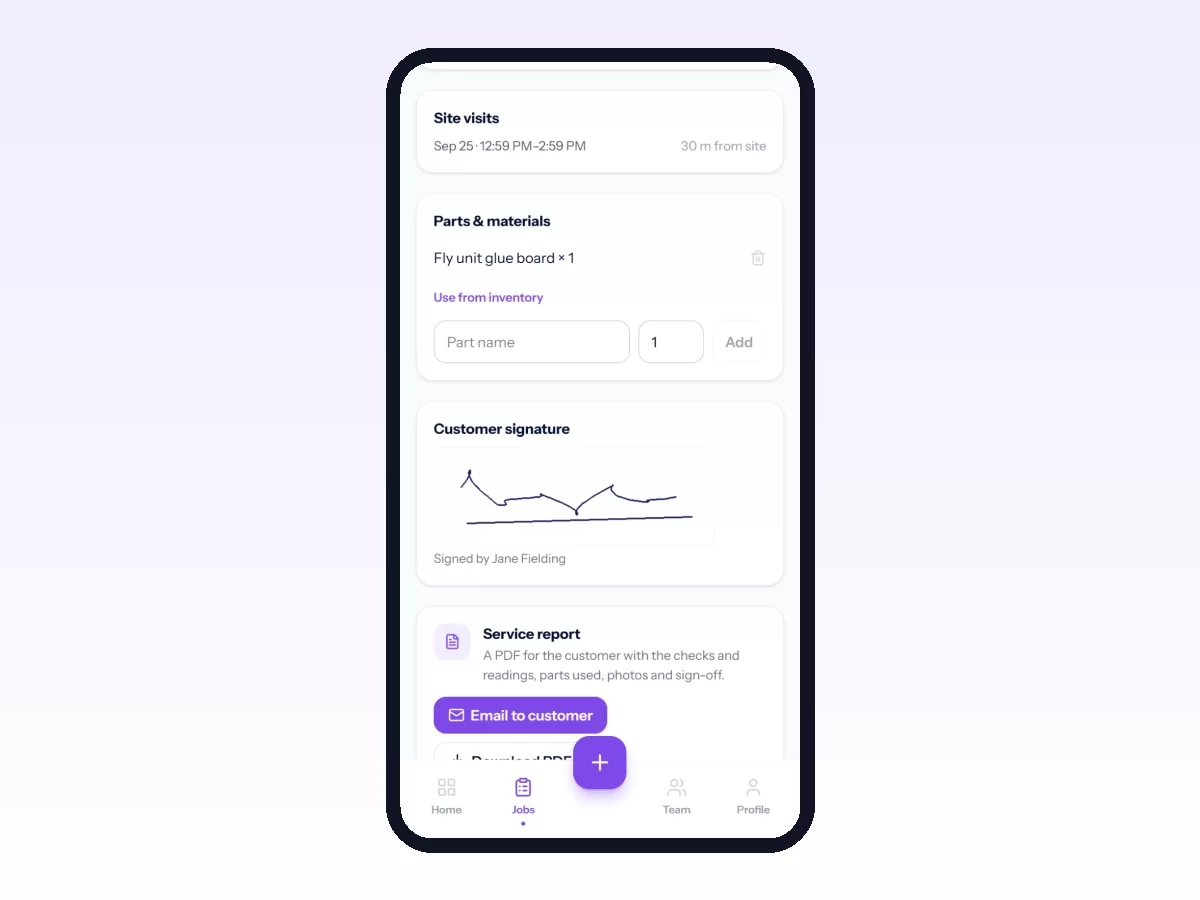 Movtro completed job on a phone with the timed site visit, the item used, the recipient's signature and the report ready to send.