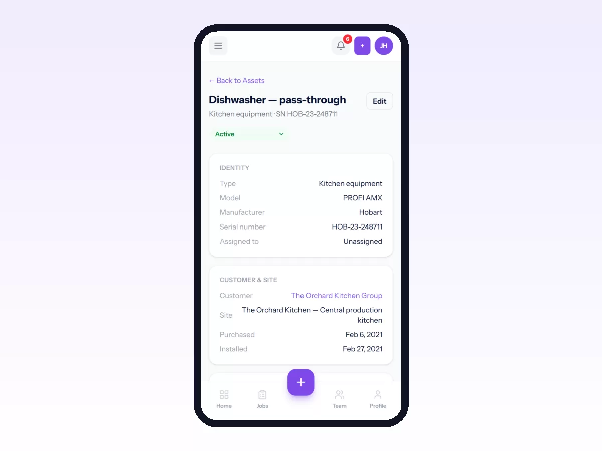 Movtro asset record on a phone for a restaurant group's pass-through dishwasher with model, serial number and the kitchen it serves.
