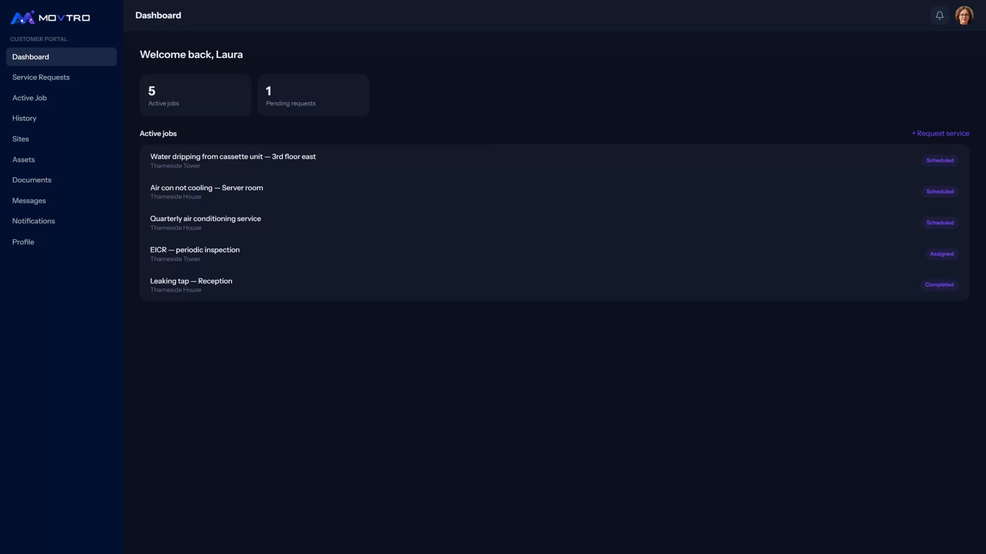 The Customer Portal dashboard: active jobs with their status, pending requests and a button to request service.