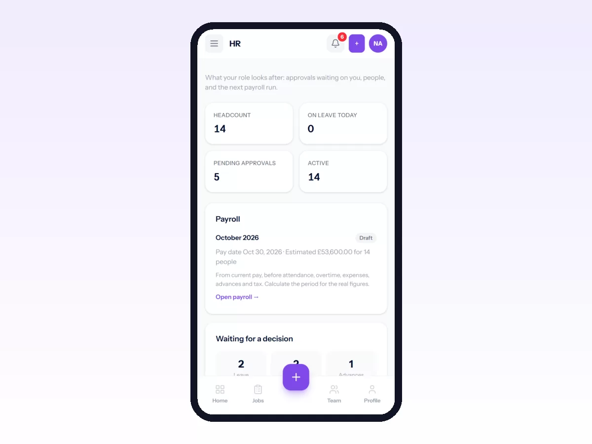 The HR dashboard on a phone: headcount, approvals waiting, and the next payroll run with its pay date.