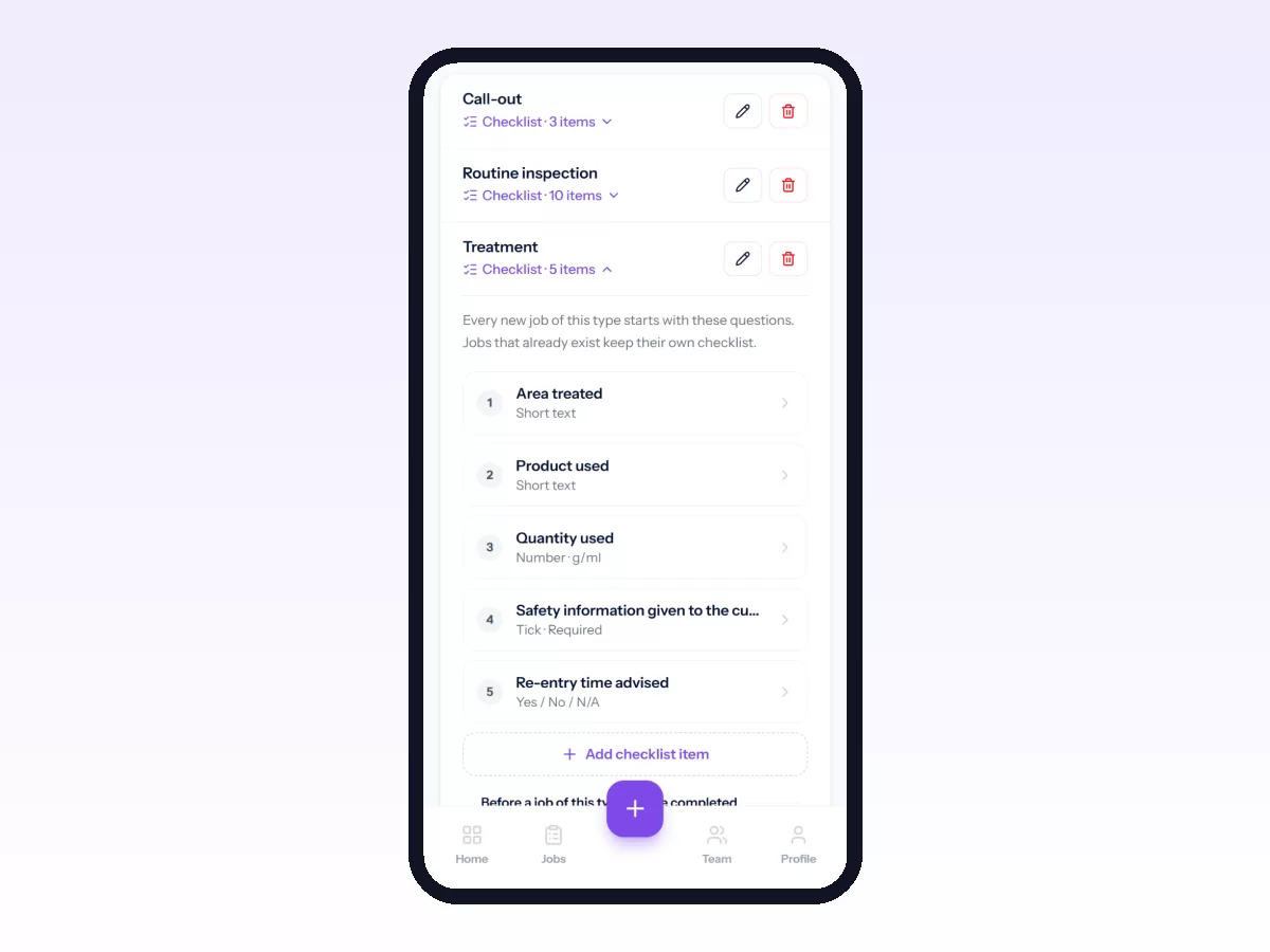 A Treatment job type in Movtro settings, with its five checklist questions and the answer type each one expects.