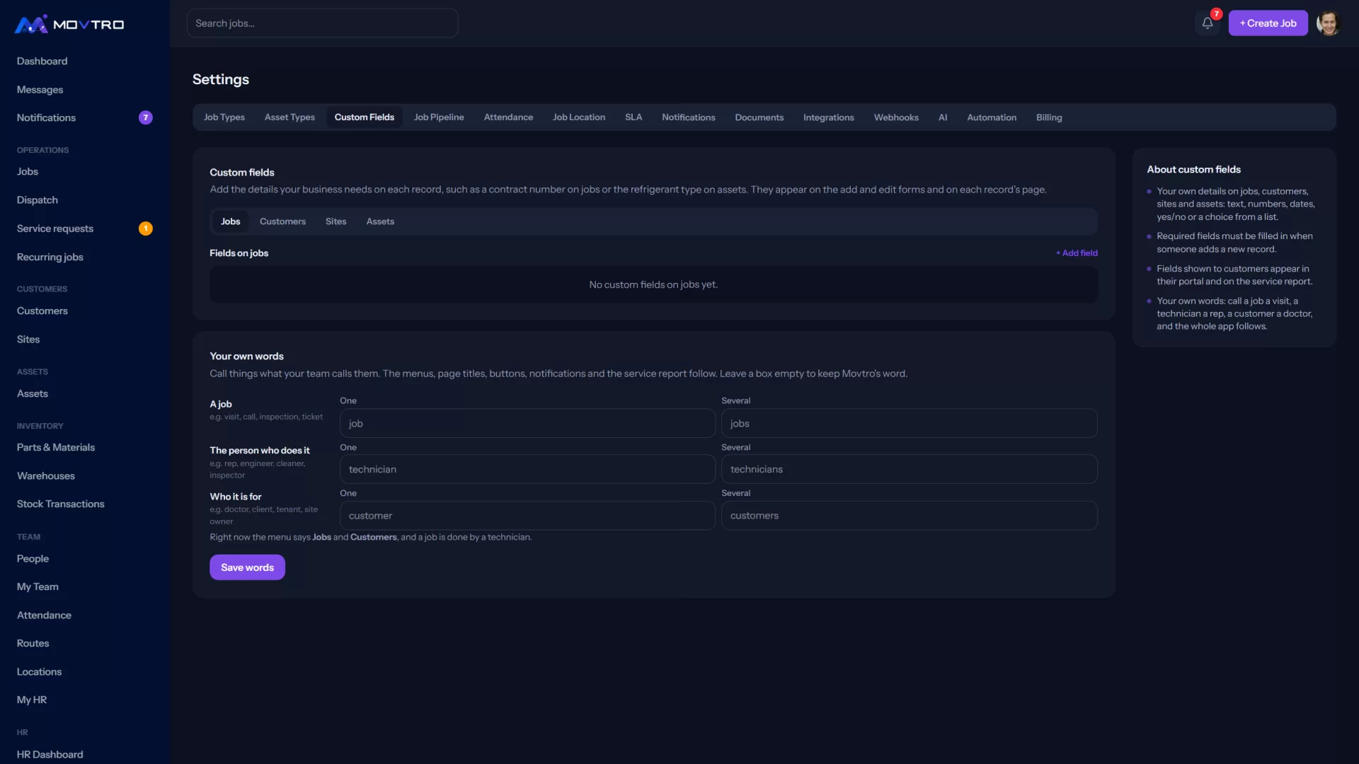 Settings → Custom Fields: fields per kind of record at the top, and Your own words below.