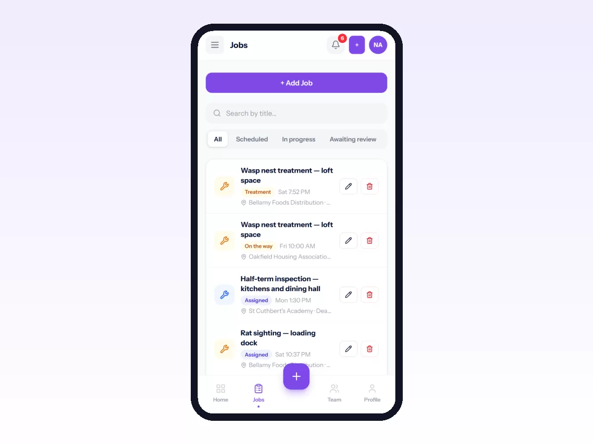 Movtro Jobs list on a phone with status filters and each job's status, time and customer site.