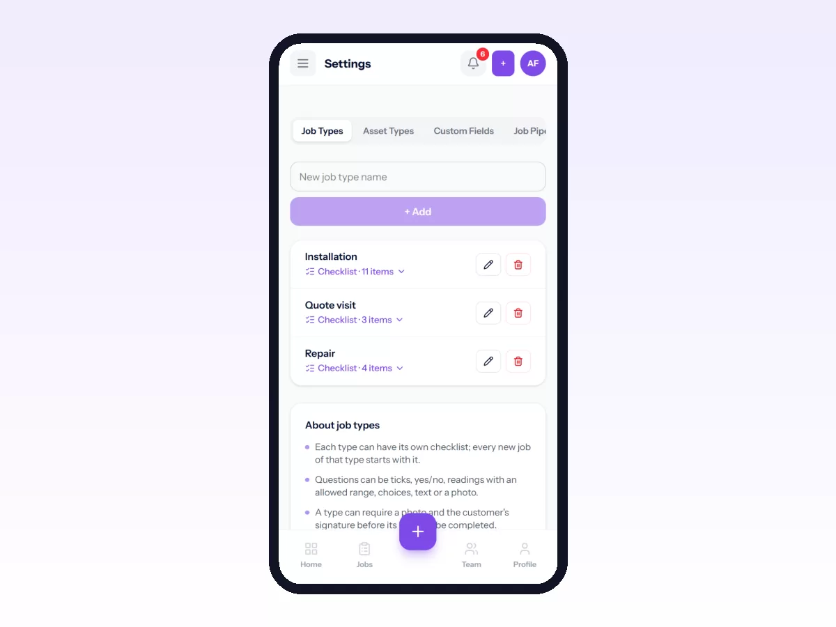 Movtro job types on a phone for an installer: quote visits, installations and repairs, each with its own checklist.