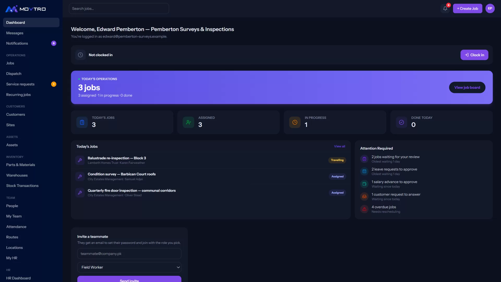 An inspection company's dashboard in Movtro: today's inspections, re-inspections and surveys, each inspector's stage, and what needs attention.