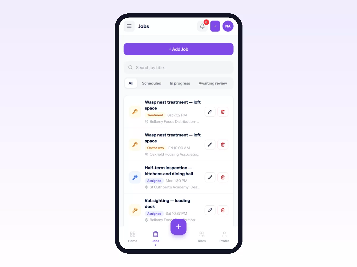 Work orders on the phone: each job with its stage, time and site, filtered by status.