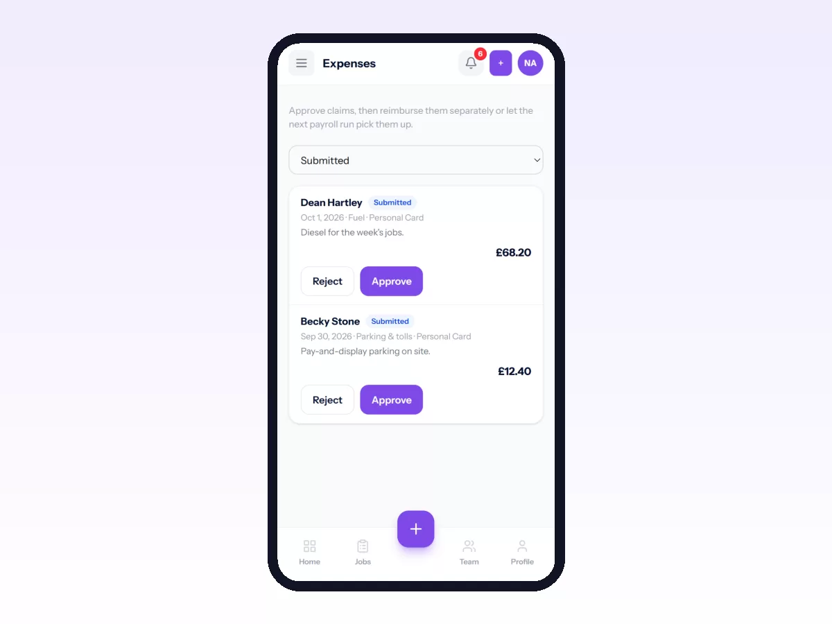 Movtro Expenses on a phone with technicians' fuel and parking claims submitted for approval, each with date, category and amount.
