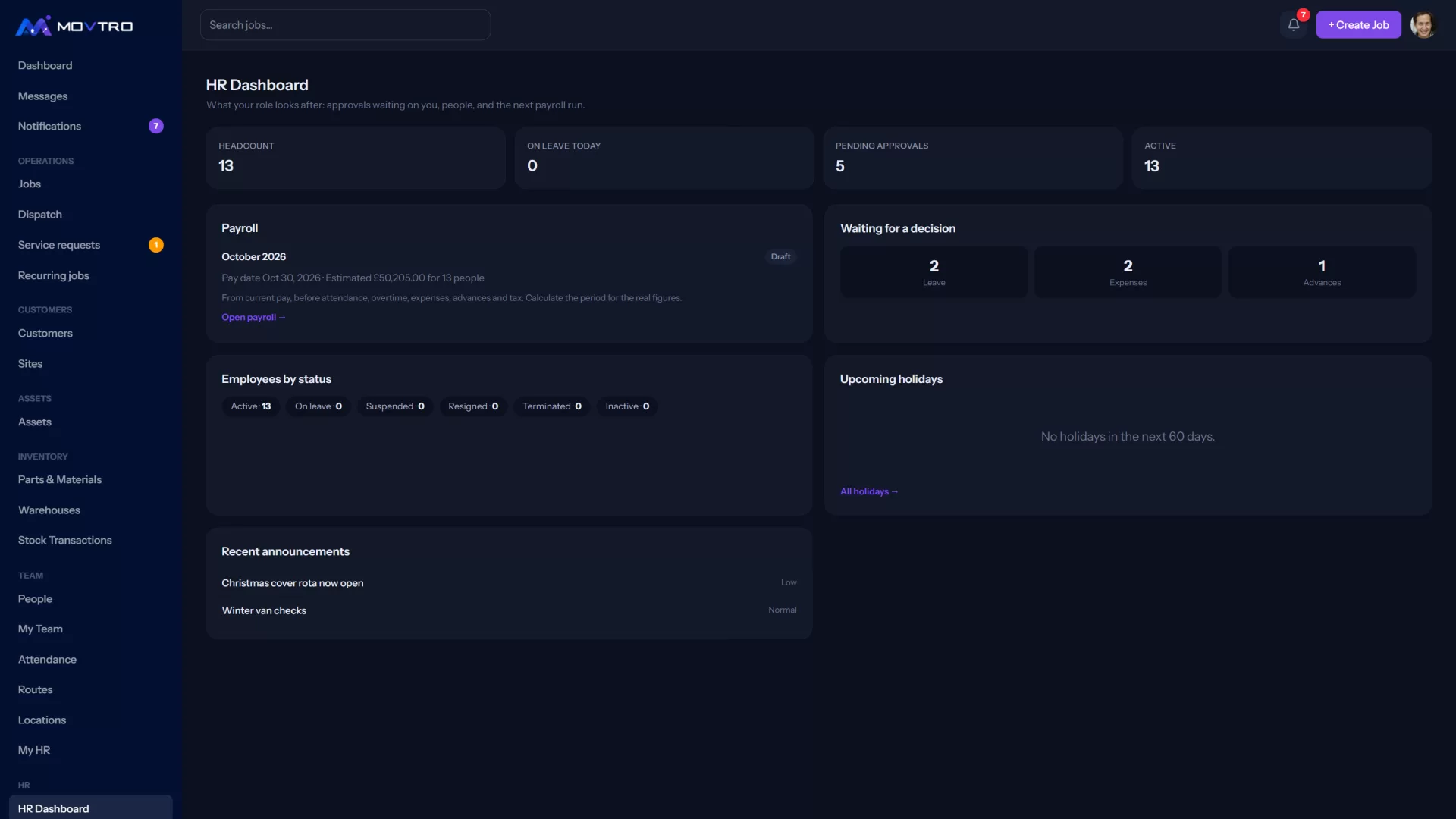 The HR dashboard: approvals waiting for a decision, people, and the next payroll run with its estimate.
