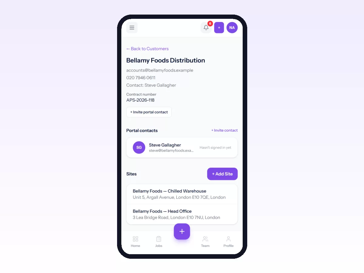 Movtro customer record on a phone with contact details, contract number, portal contact and the customer's sites in one place.