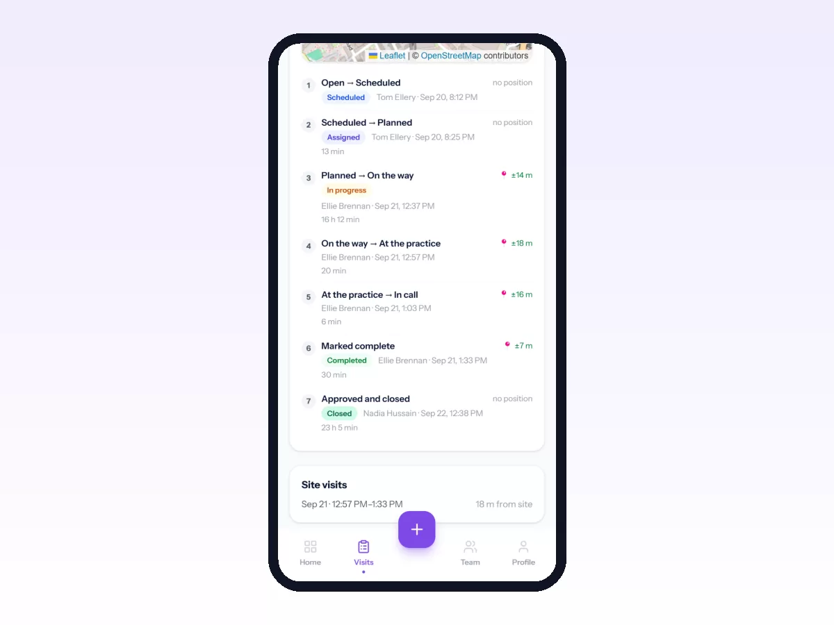 Movtro visit timeline on a phone showing when a rep set off, arrived at the practice, started the call and finished, each with a located check-in.