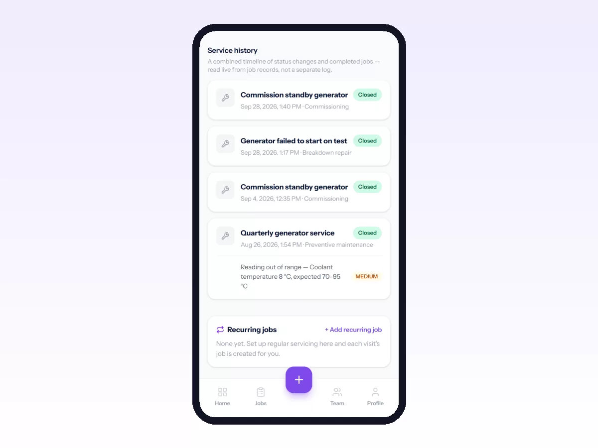 Movtro generator service history on a phone with commissioning, a failed-start repair and a quarterly service that flagged a low coolant temperature.