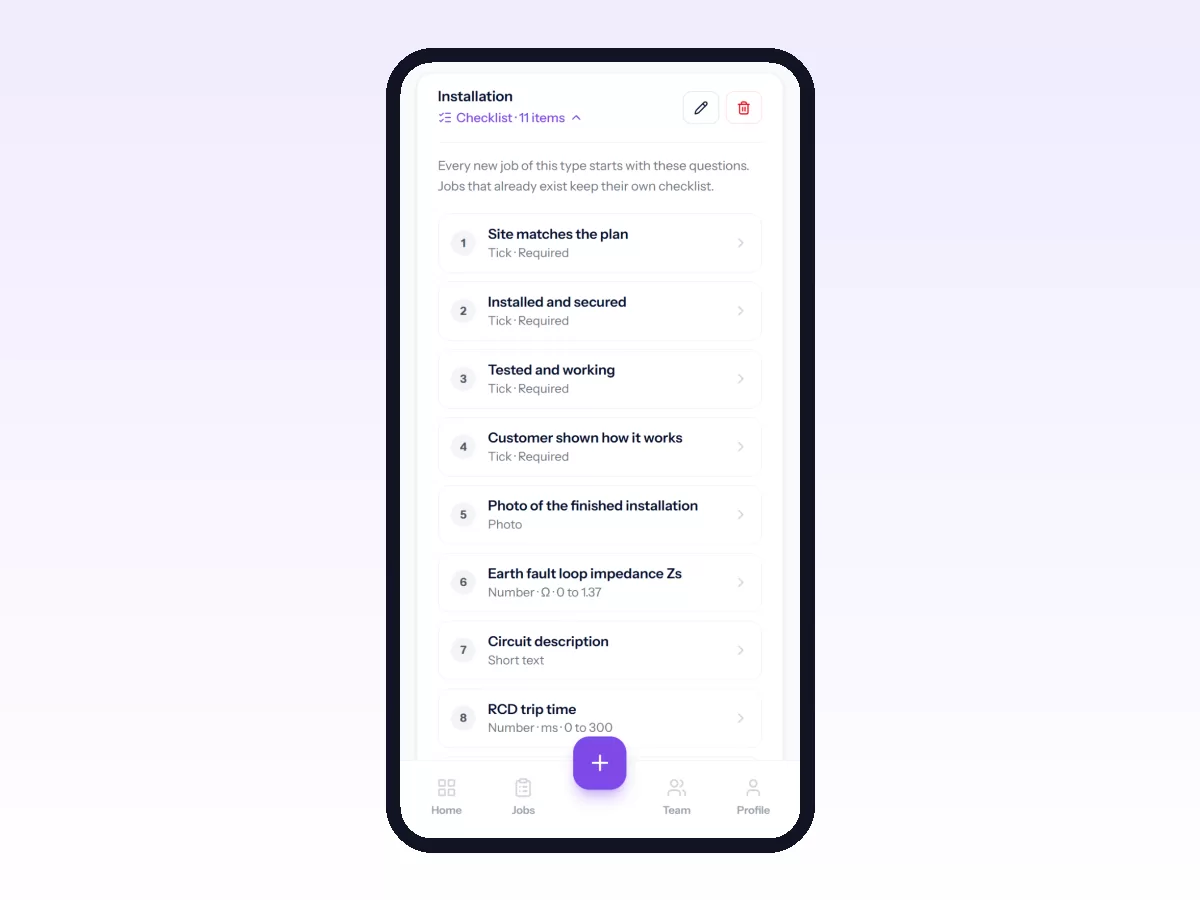 Movtro installation checklist template on a phone with required ticks, a photo of the finished install and test readings with allowed ranges.