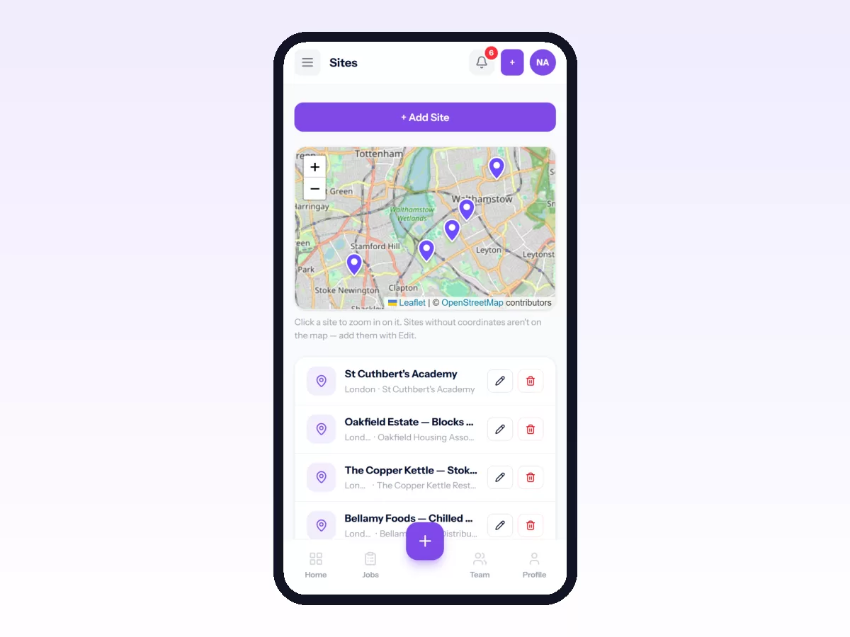 Customer sites plotted on a map in Movtro, which makes it easy to see which visits sit close together before you build a route.