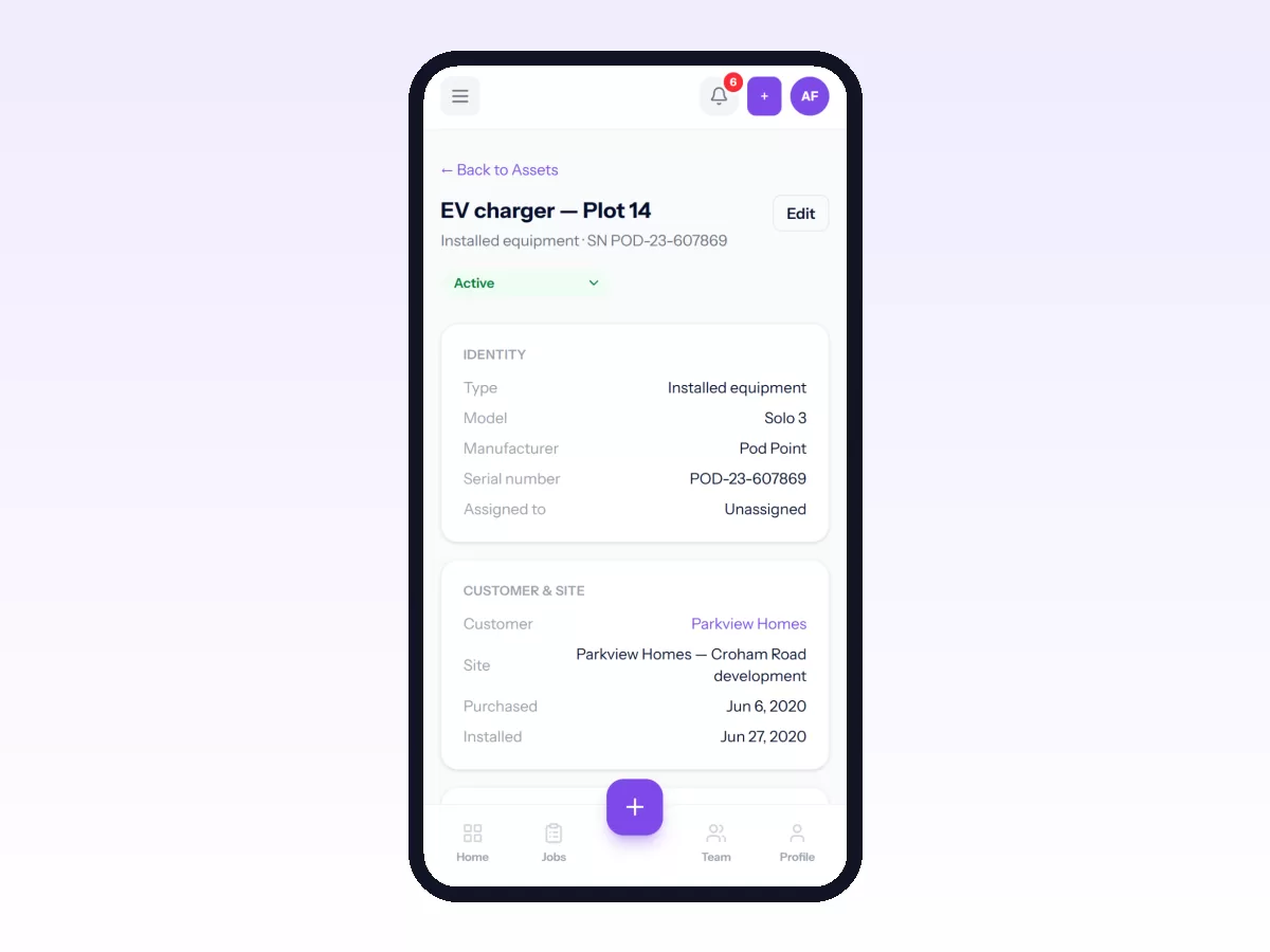 Movtro asset record on a phone for an installed EV charger with its model, manufacturer, serial number, site and install date.
