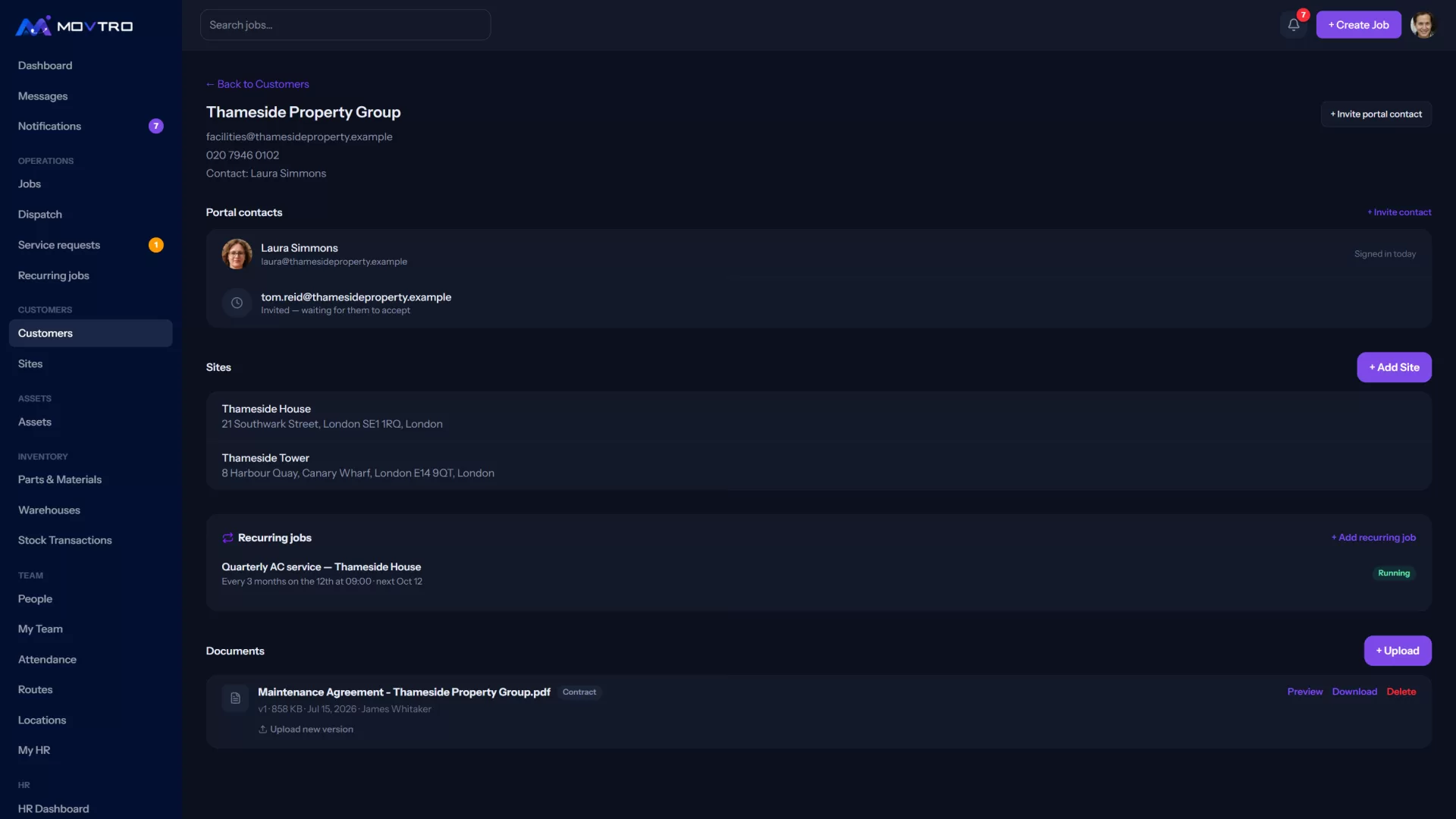 A customer's page: contact details, its sites with addresses, recurring jobs and shared documents.