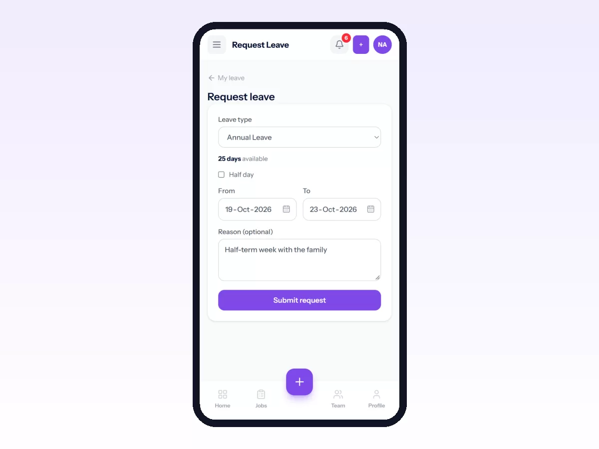 Requesting leave on the phone: the days you have left show as soon as you pick the type.