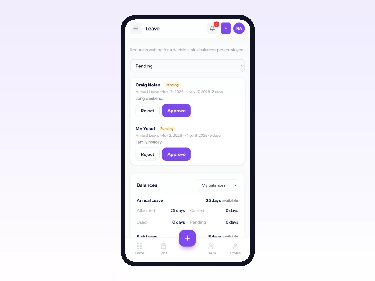 Movtro Leave page on a phone with pending annual leave requests to approve and the leave balances below.