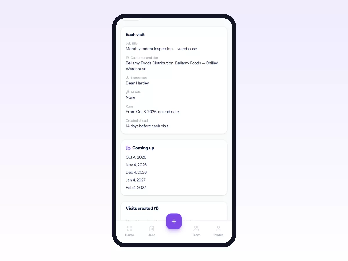 Movtro recurring job on a phone with the visit template, how far ahead each job is created, and the next five dates coming up.