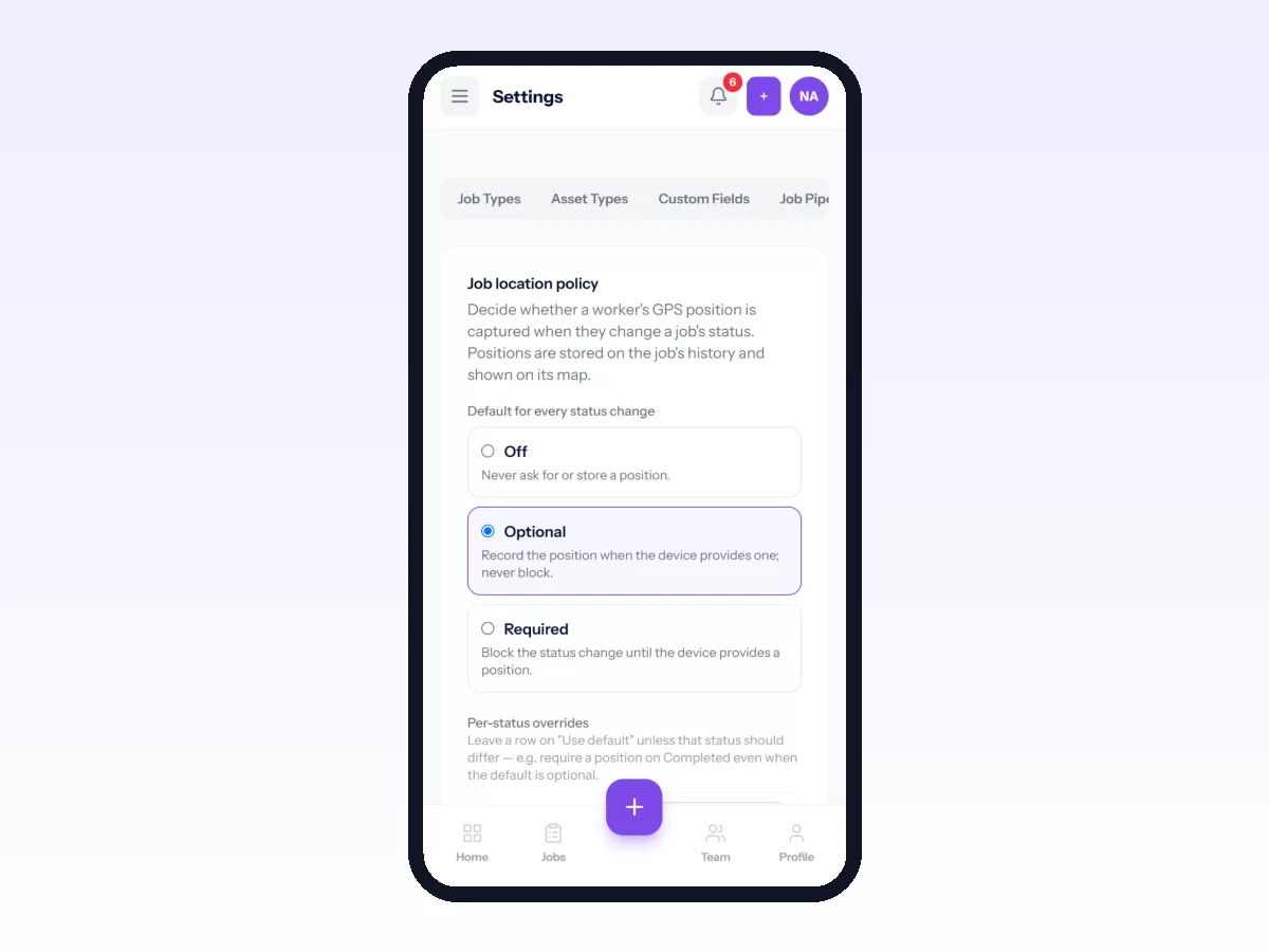 Movtro job location policy on a phone, set to record a position on status changes when the device provides one.