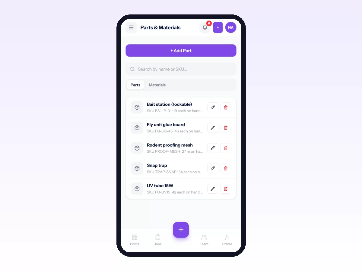 Movtro Parts and Materials list on a phone with each part's SKU and the quantity on hand.