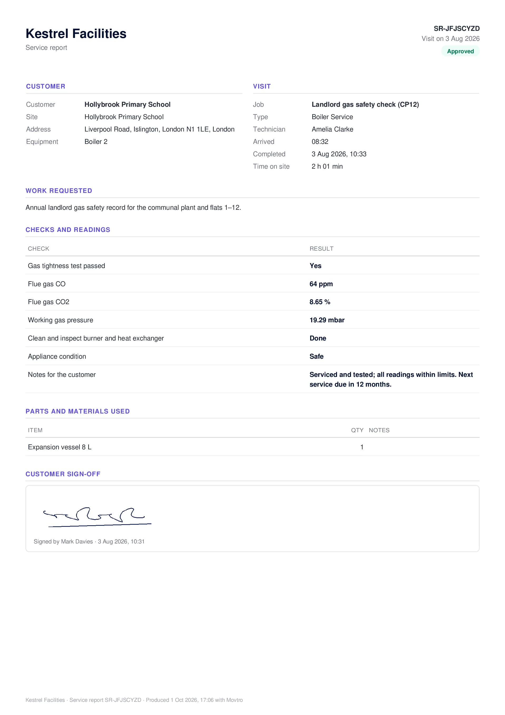 The service report the customer receives: checks and readings, parts used, photos and the signature.
